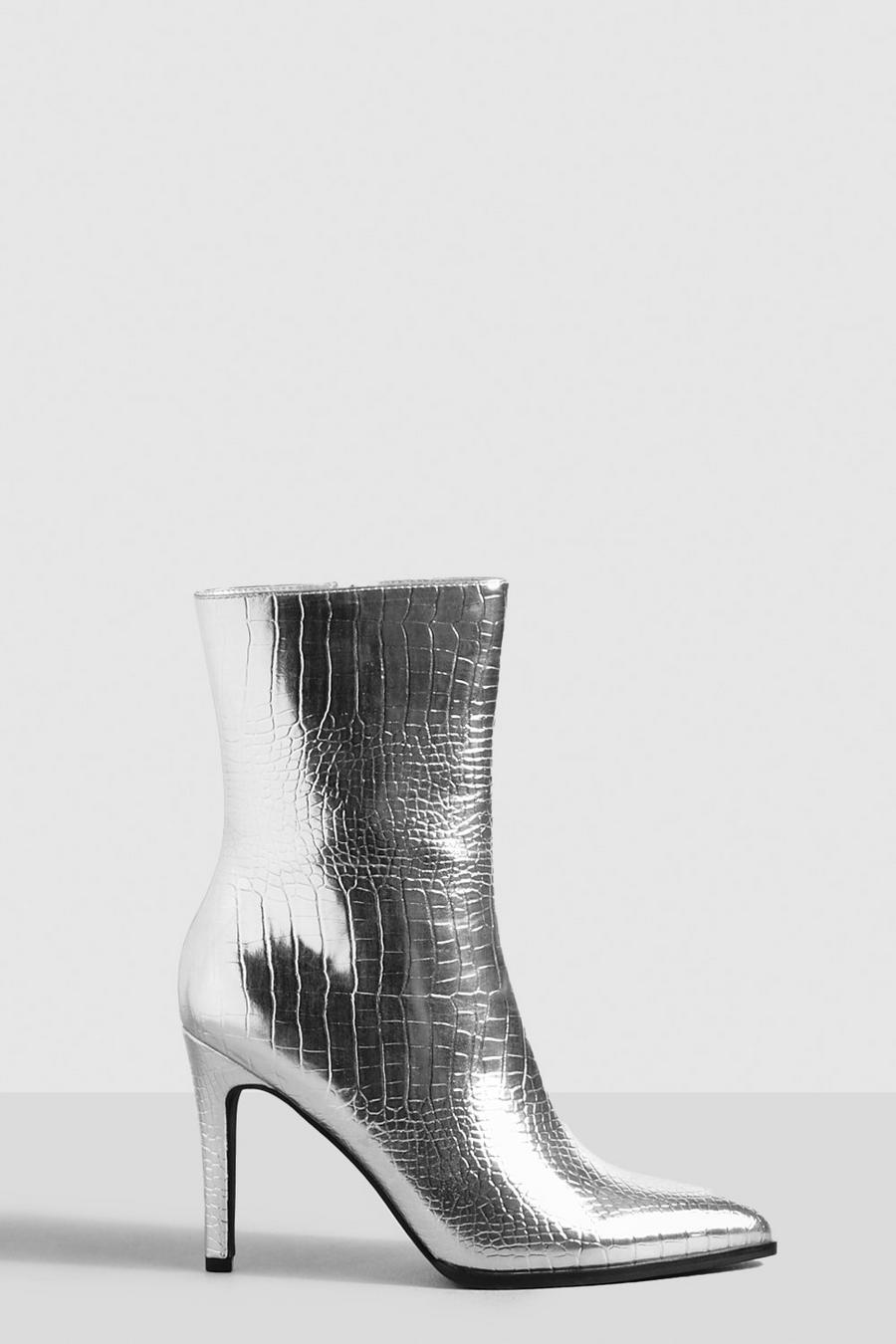 Botas de holgura ancha con tacón de aguja y acabado de cocodrilo, Silver image number 1