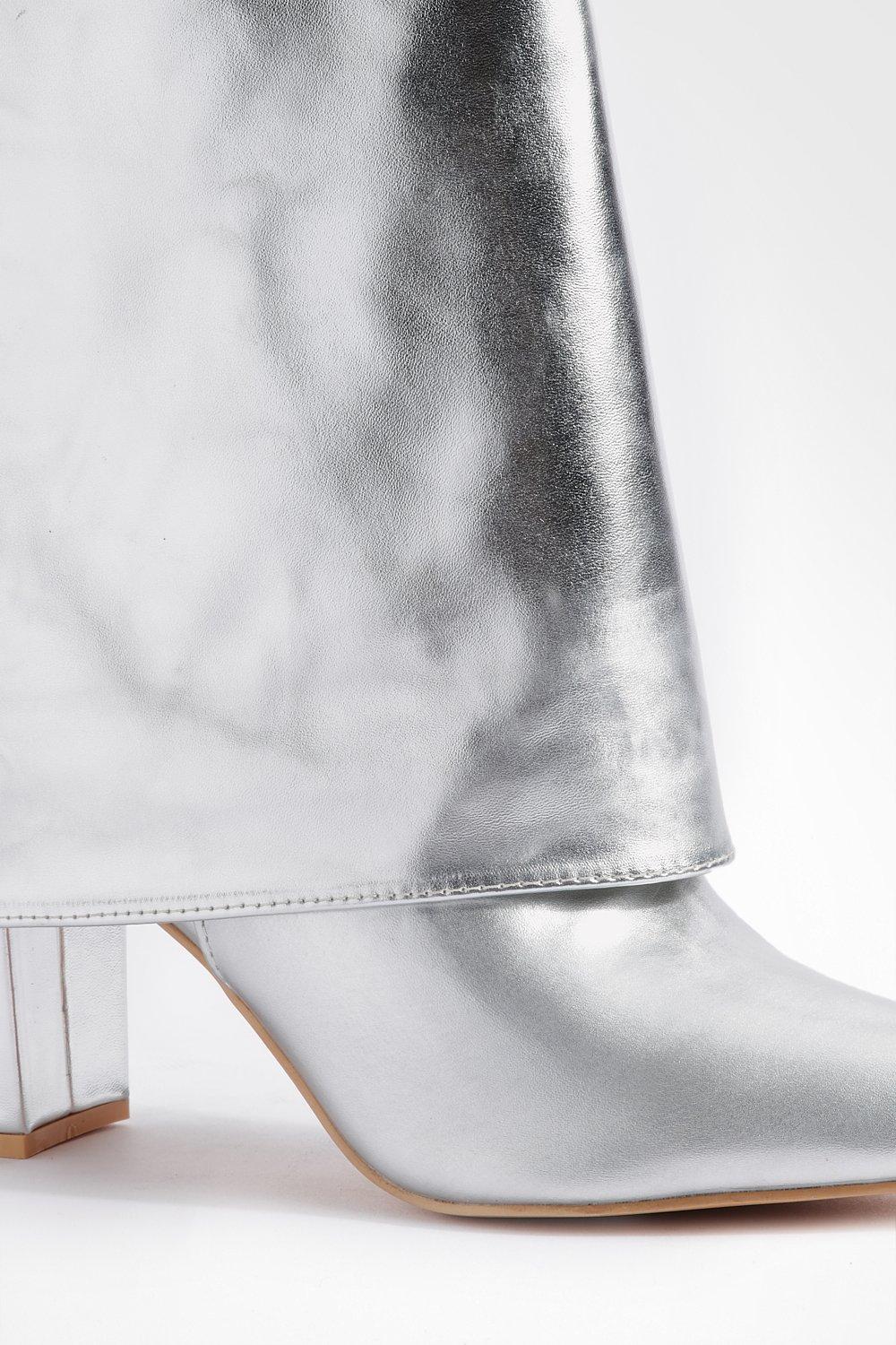 Metallic block heel clearance boots