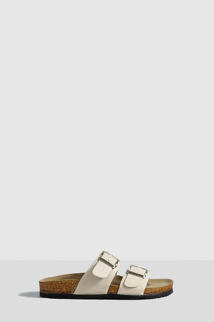 Cream white Buckle Strap Footbed Sliders 