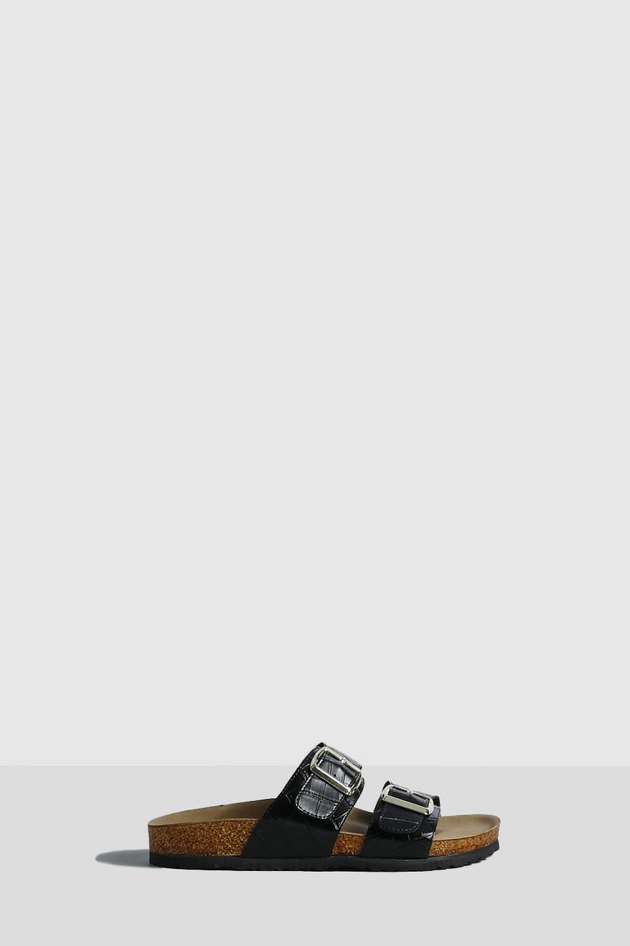 Sandalias de holgura ancha con plantilla blanda, hebilla doble y acabado de cocodrilo, Black image number 1