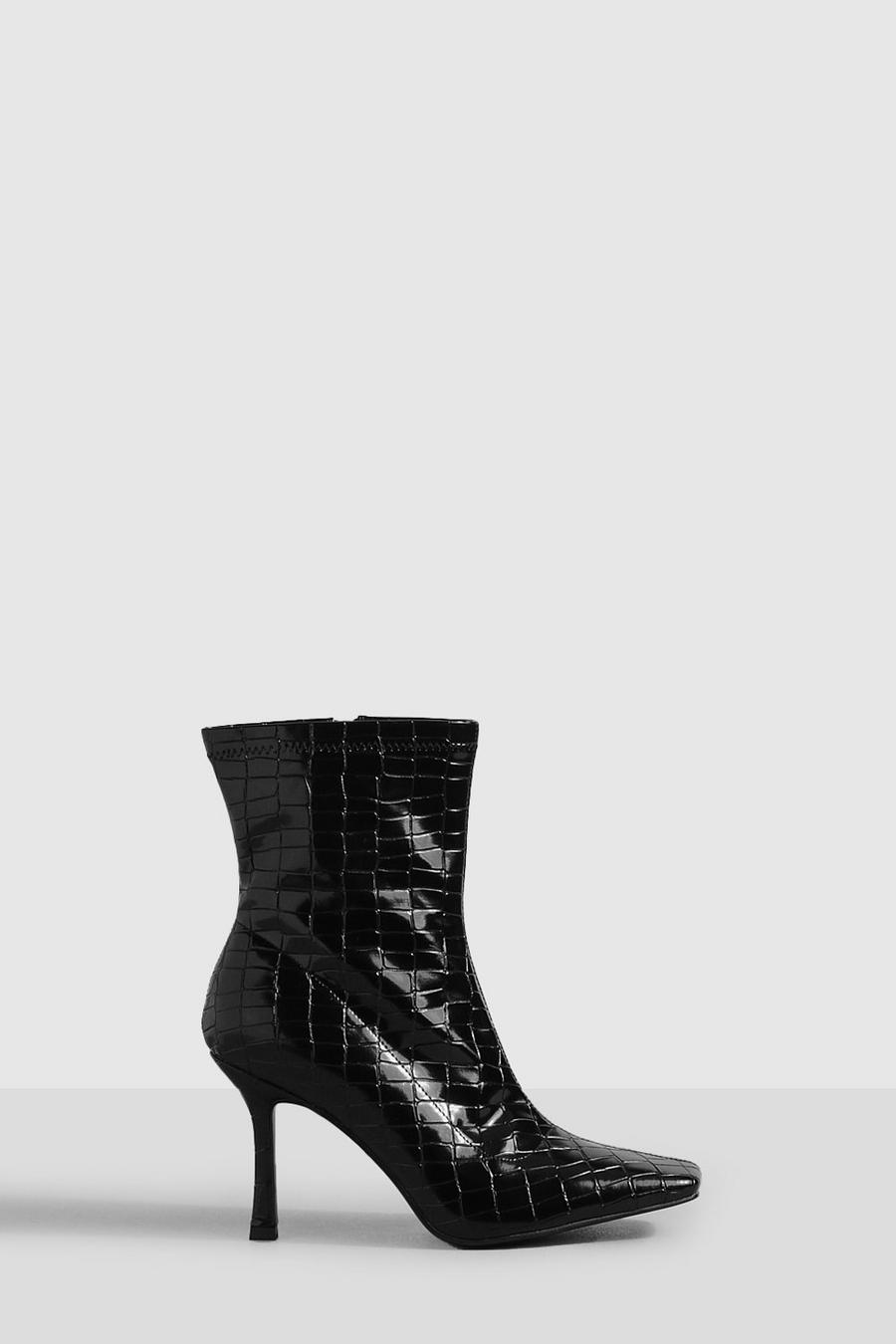 Bottines chaussettes croco à bout carré - Pointure large, Black noir