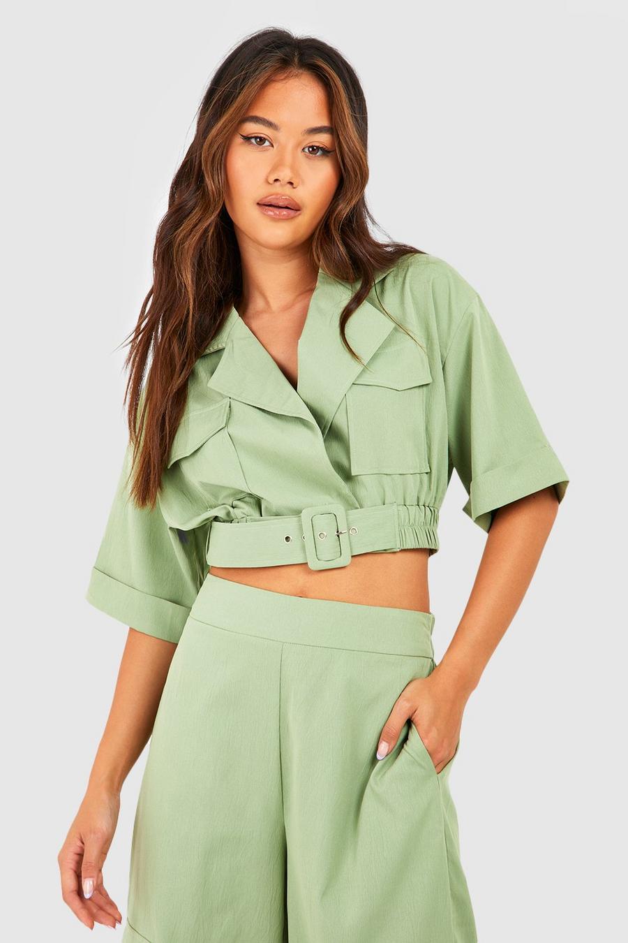 Khaki Pocket Detail Relaxed Fit Belted Shirt image number 1