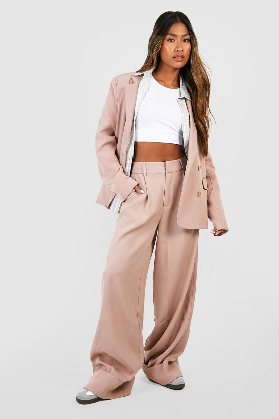 Camel beis Wide Leg Turn Cuff Tailored Trousers