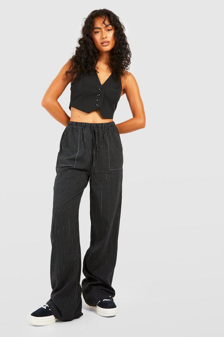 Black Drawcord Striped Wide Leg Trousers image number 1