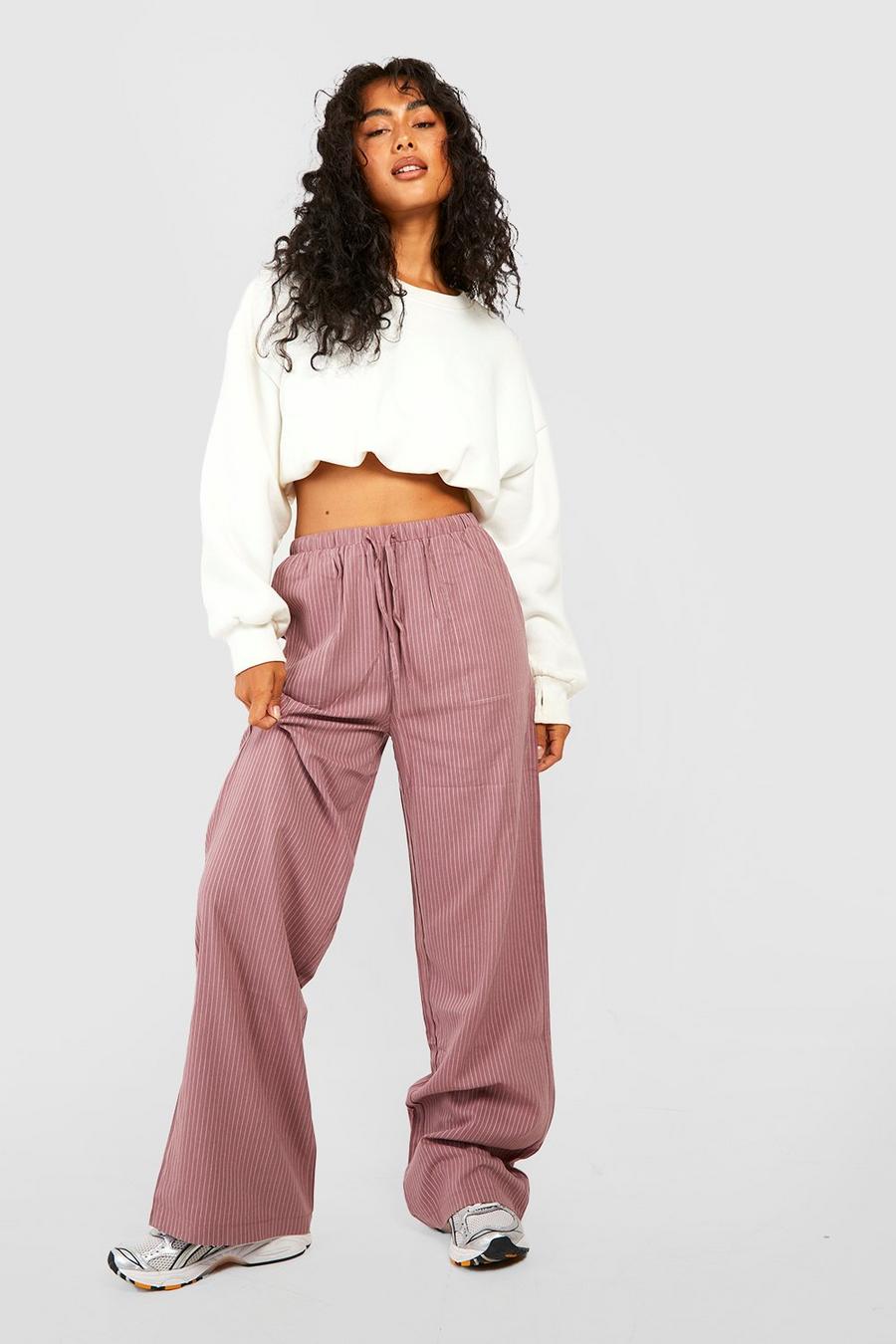 Mauve Drawcord Striped Wide Leg Pants image number 1