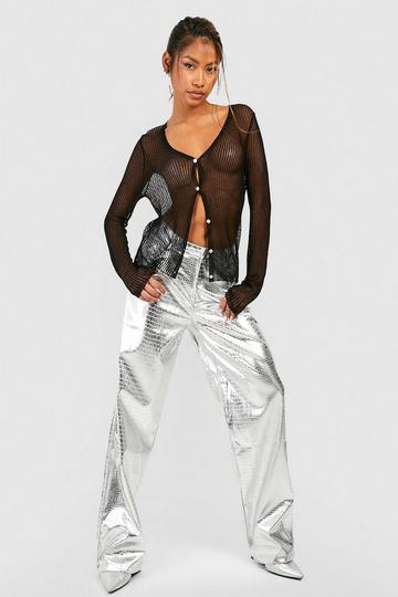 Metallic Croc Faux Leather Straight Fit Pants silver