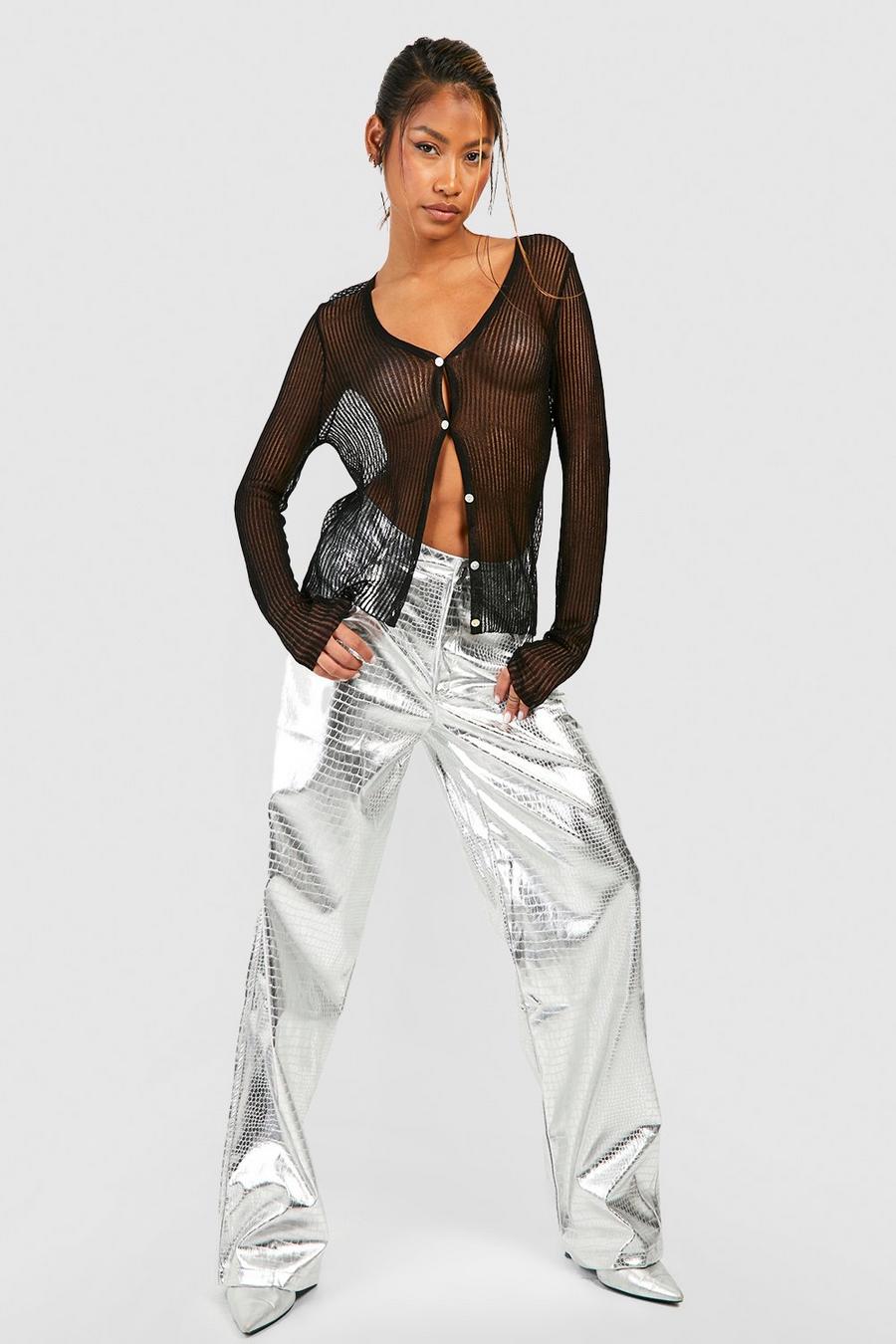 Silver Metallic Croc Leather Look Straight Fit Pants