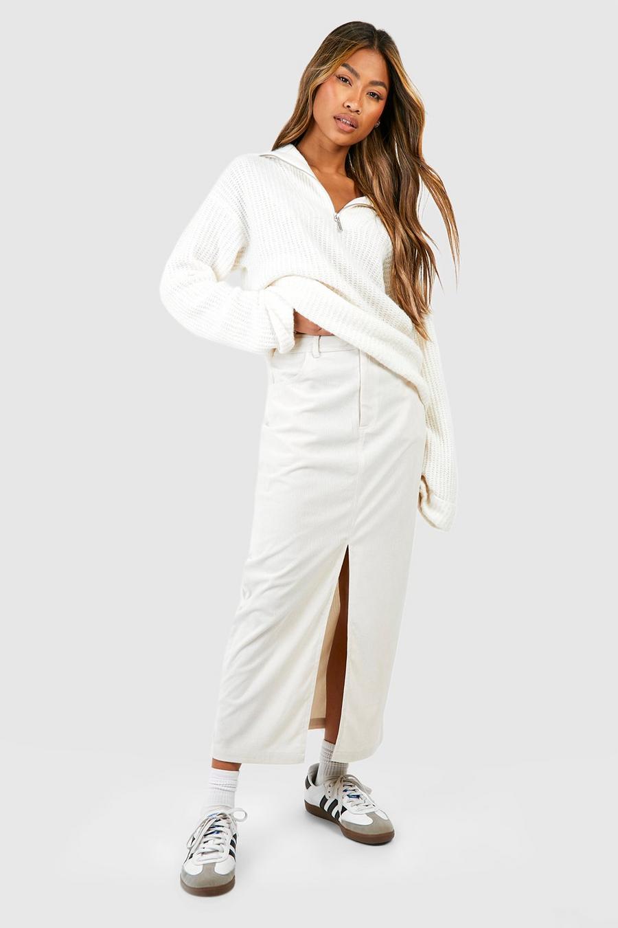 Ecru white Cord Split Front Midaxi Skirt image number 1