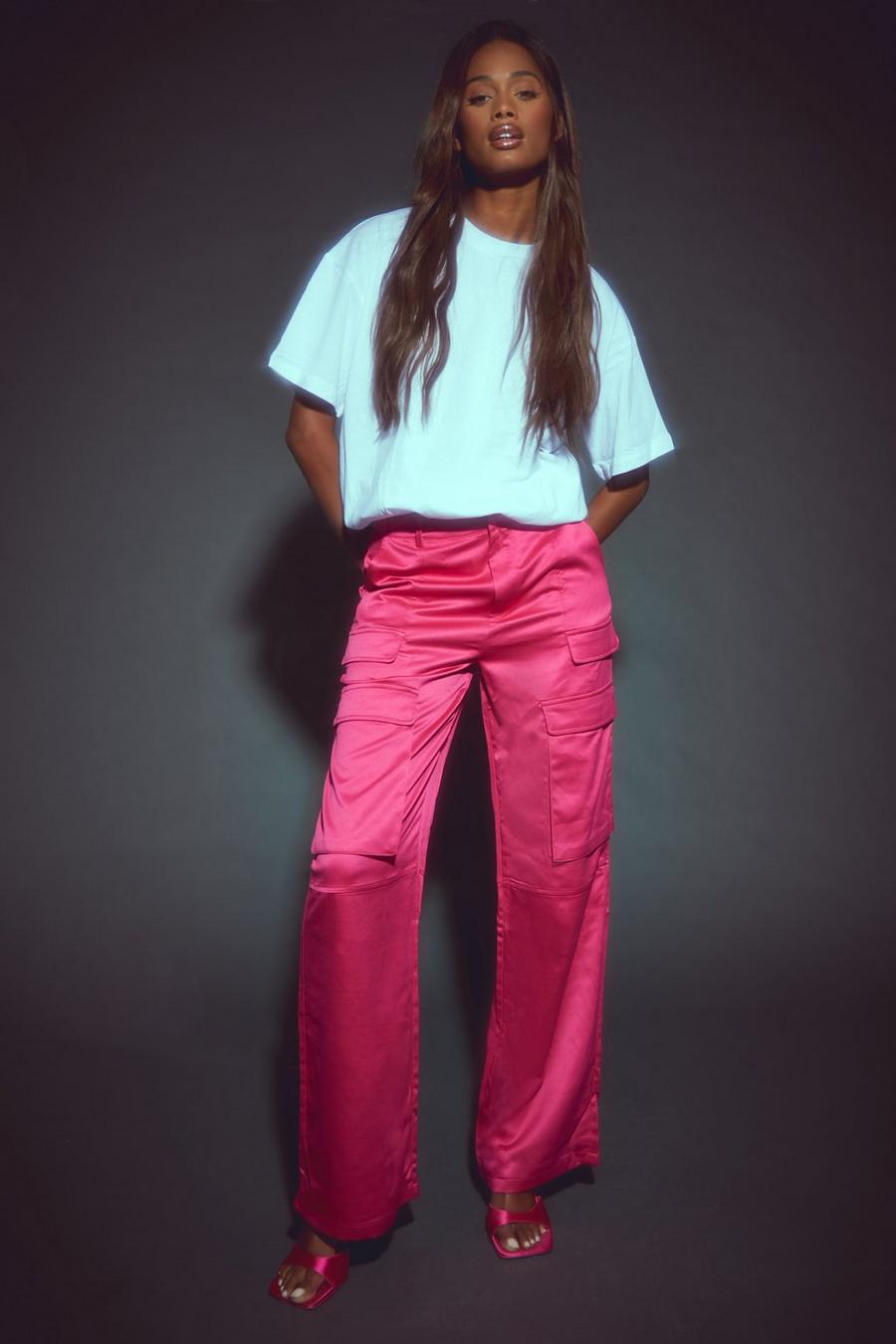 Pantalón cargo entallado de raso grueso, Bright pink image number 1