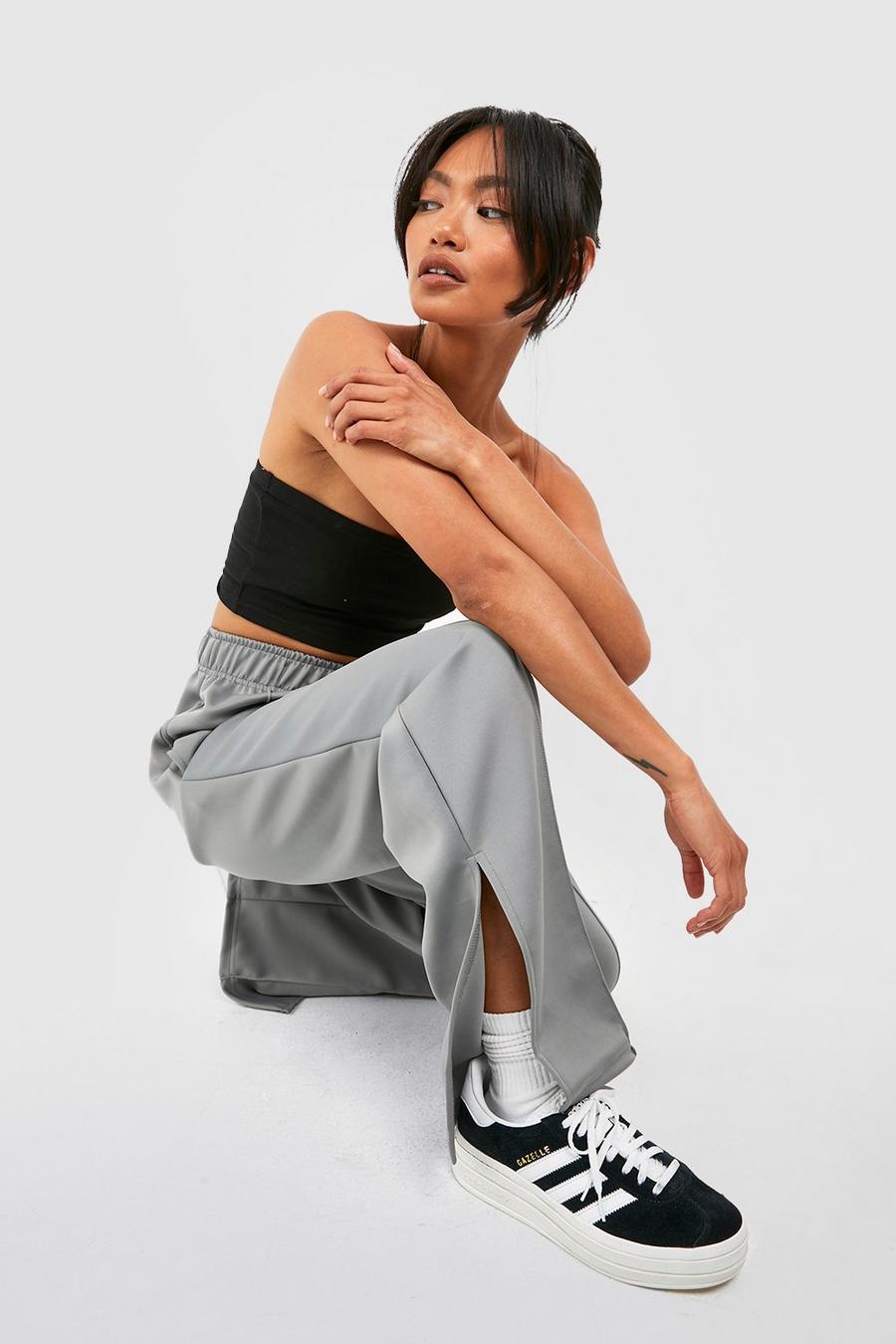 Grey Seam Front High Waisted Split Hem Tricot Trousers image number 1
