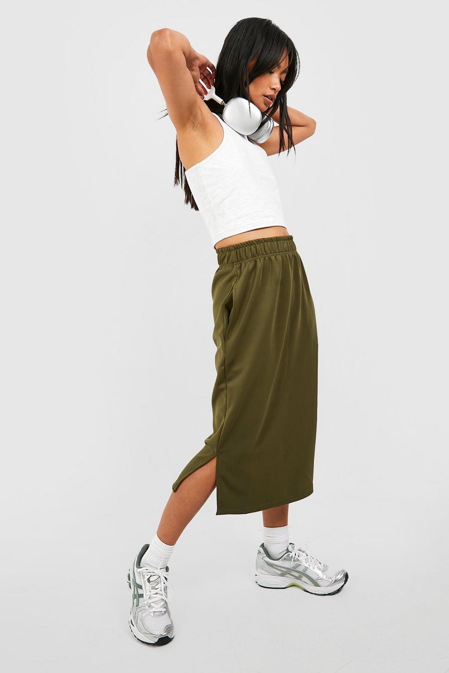 Khaki Split Hem Tricot Midi Skirt image number 1