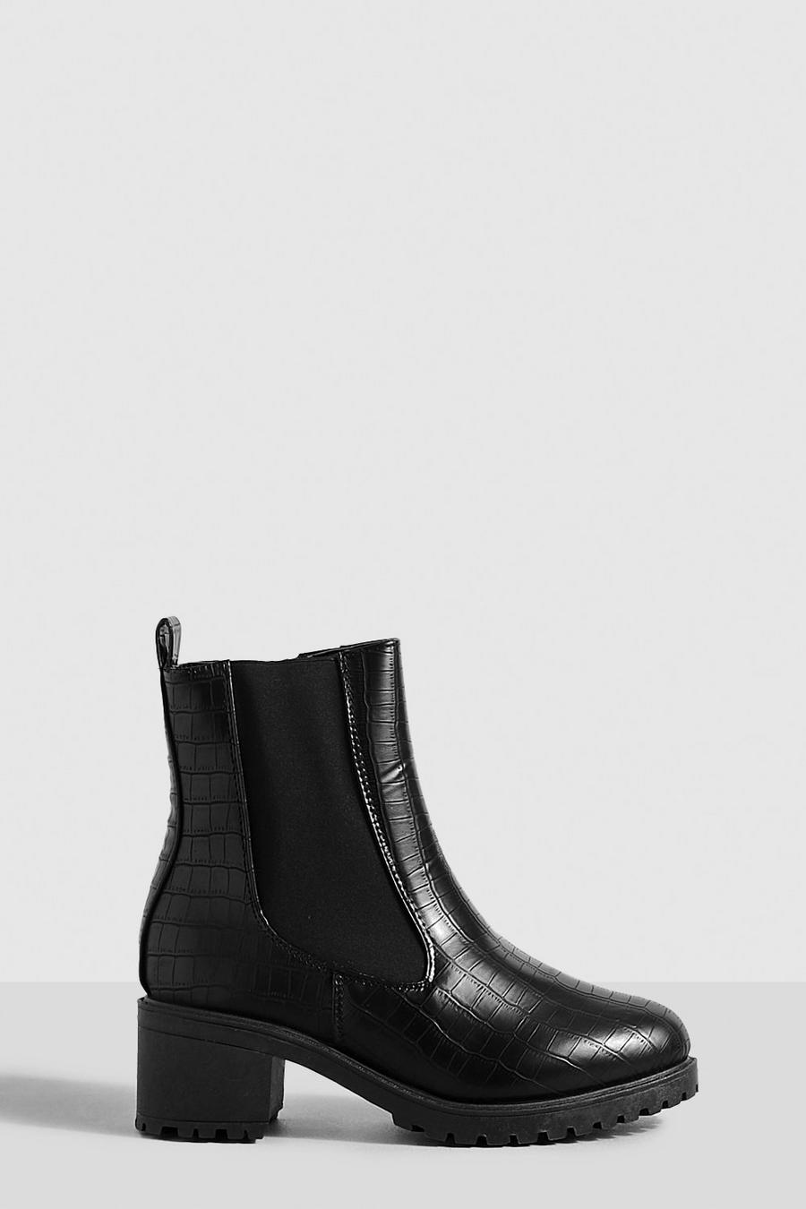 Black Tab Detail Low Block Heel Croc Chelsea Boots image number 1