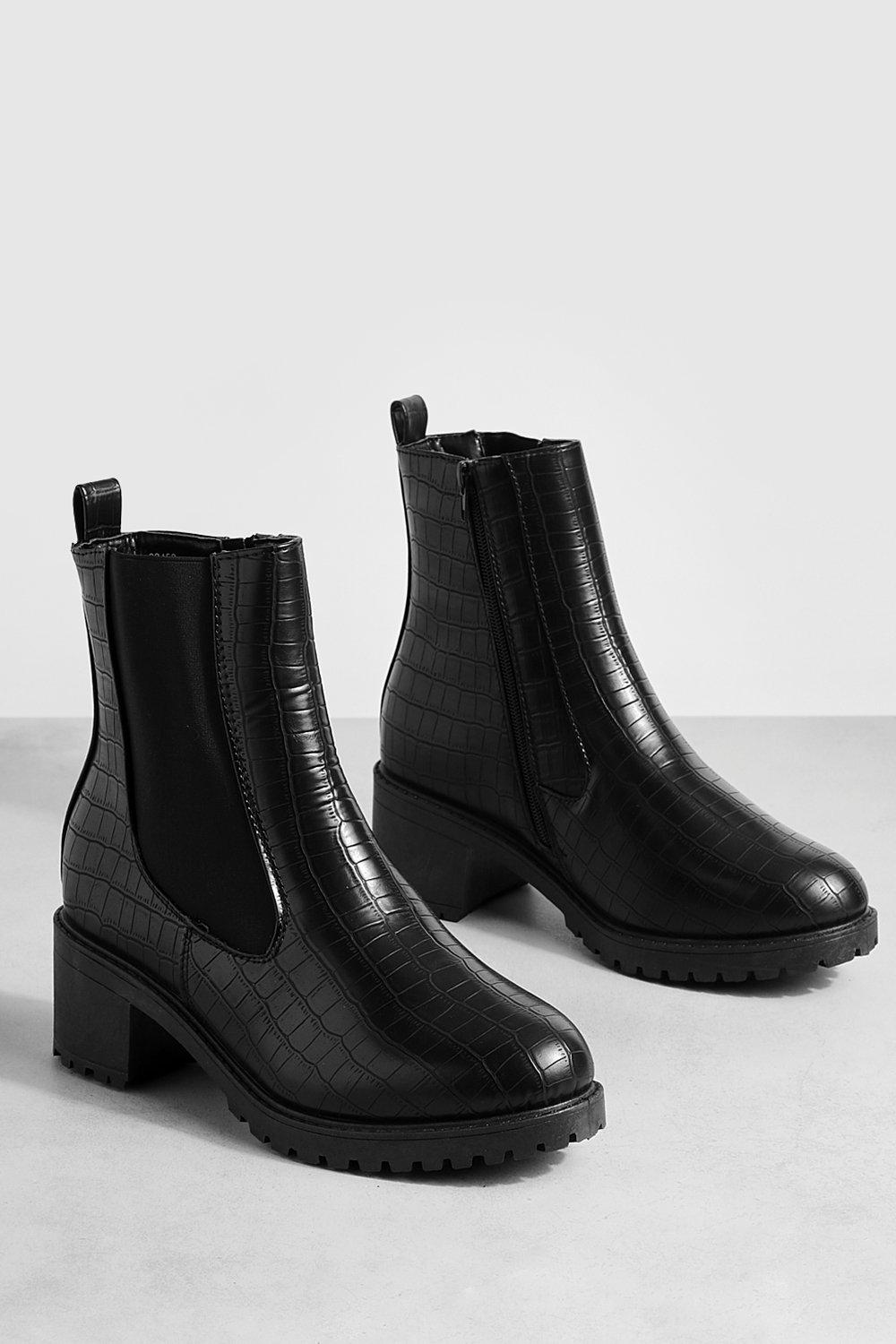 Tab Detail Low Block Heel Croc Chelsea Boots