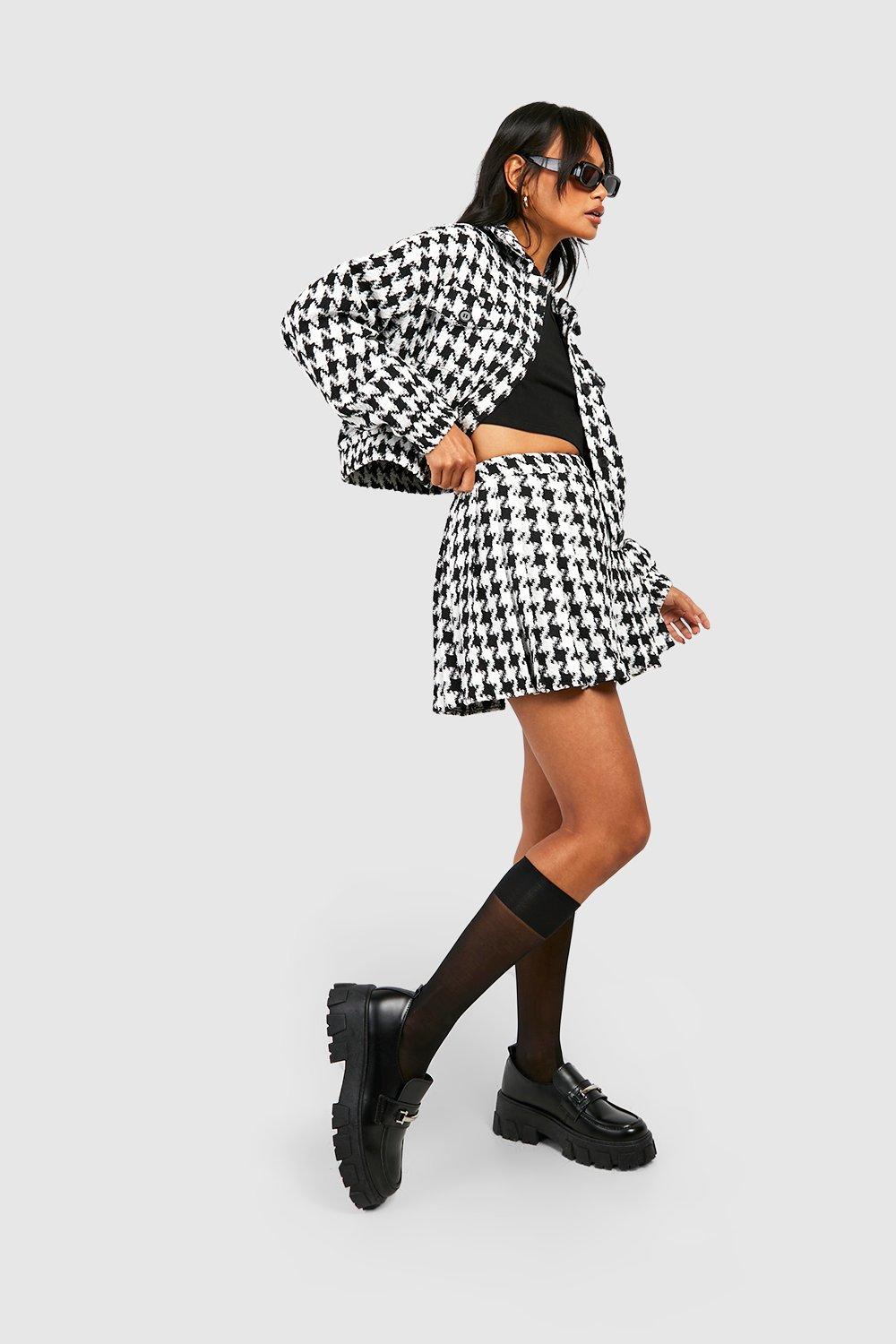 Premium Houndstooth Pleated Boucle Mini Skirt