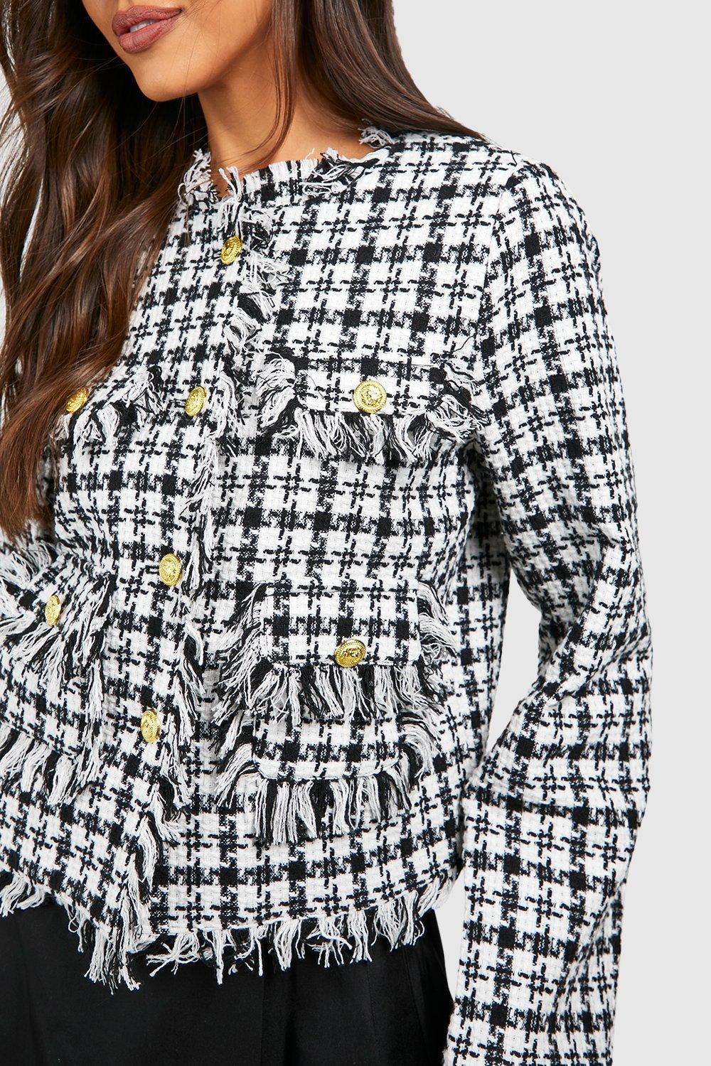 Black And White Houndstooth Blazer Coat With Gold Buttons