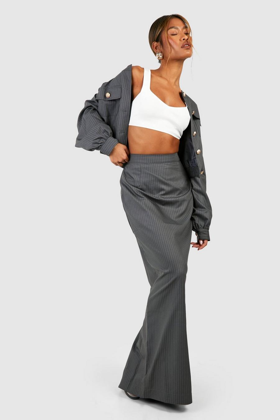 Grey Pinstripe Thigh Split Column Maxi Skirt image number 1