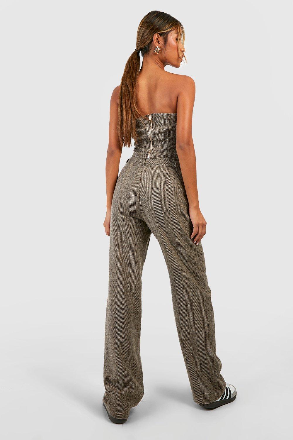 Tonal Herringbone Wide Leg Dress Pants