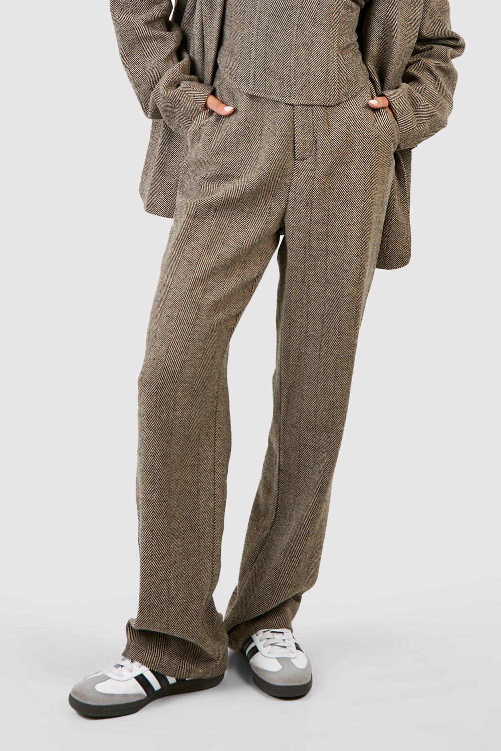 Men Herringbone Tweed Pants Wool Blend Straight Leg Trousers Casual Slim  Bottoms