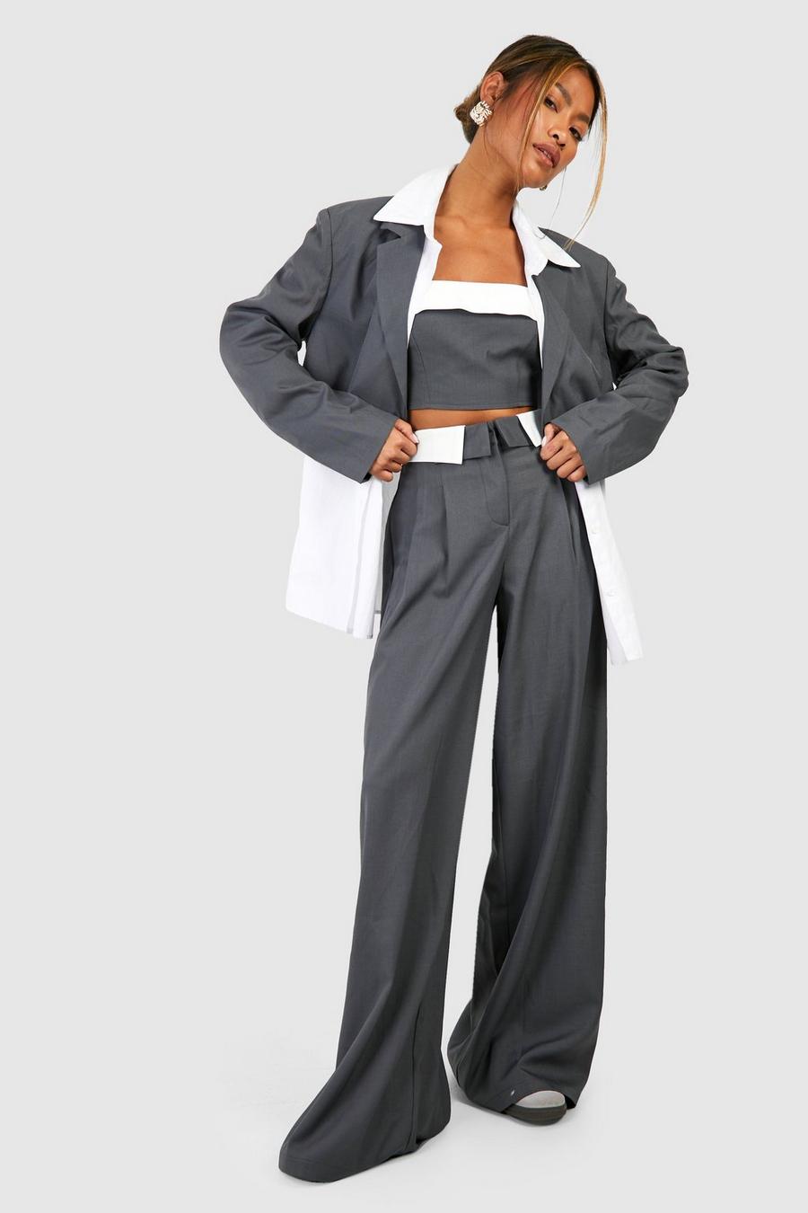 Charcoal Contrast Waistband Wide Leg Tailored Pants image number 1