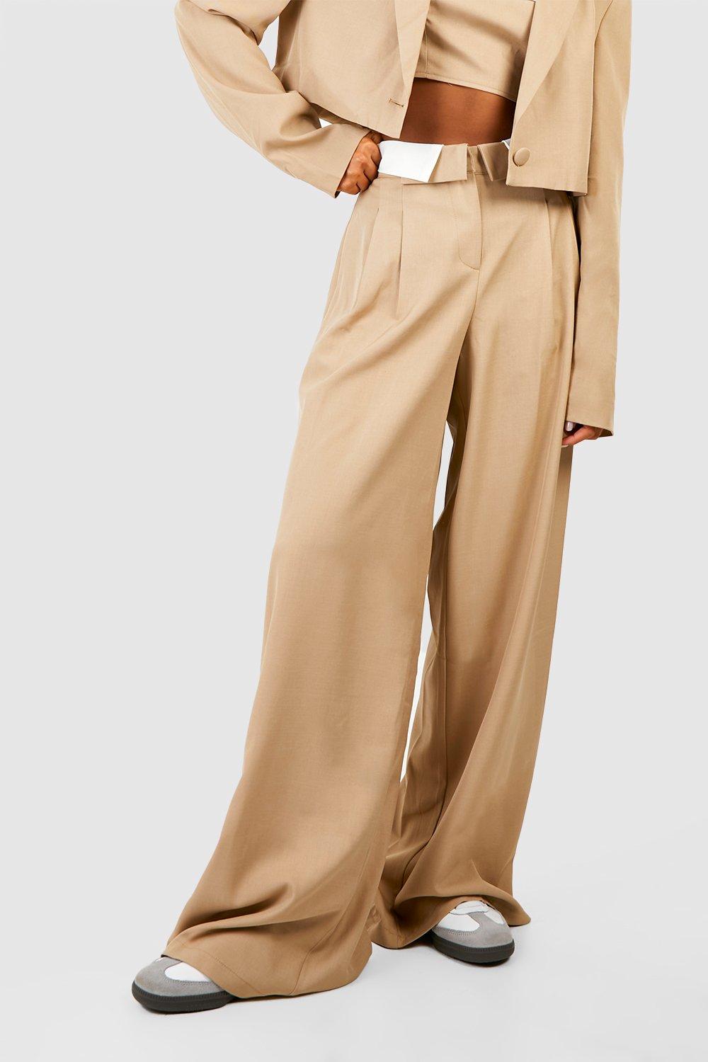 Beige Wide Leg Trousers With Reversed Waistband by BLUZAT