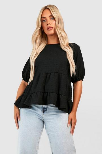 Plus Gesmokte Top Met Korte Mouwen En Franjes black