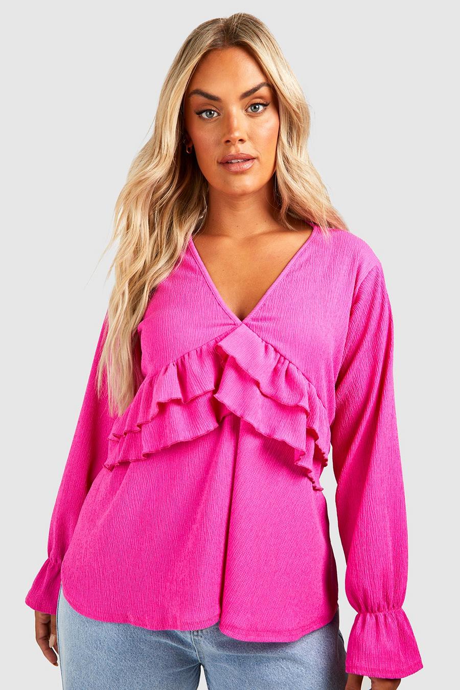 Hot pink Plus Textured Ruffle Smock Top image number 1