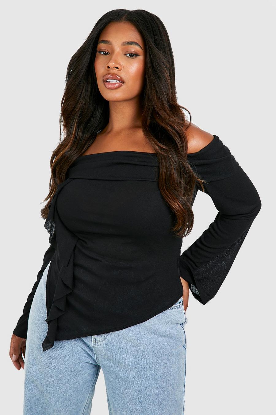 Black Plus Off The Shoulder Ruffle Front Flare Sleeve Top image number 1