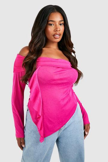 Plus Bardot Ruffle Front Flare Sleeve Top pink