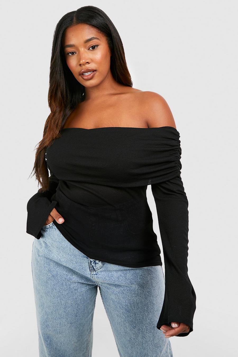 Black Plus Bardot Ruched Flare Sleeve Top
