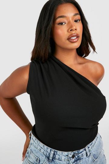 Plus One Shoulder Ruched Asymmetric Top black