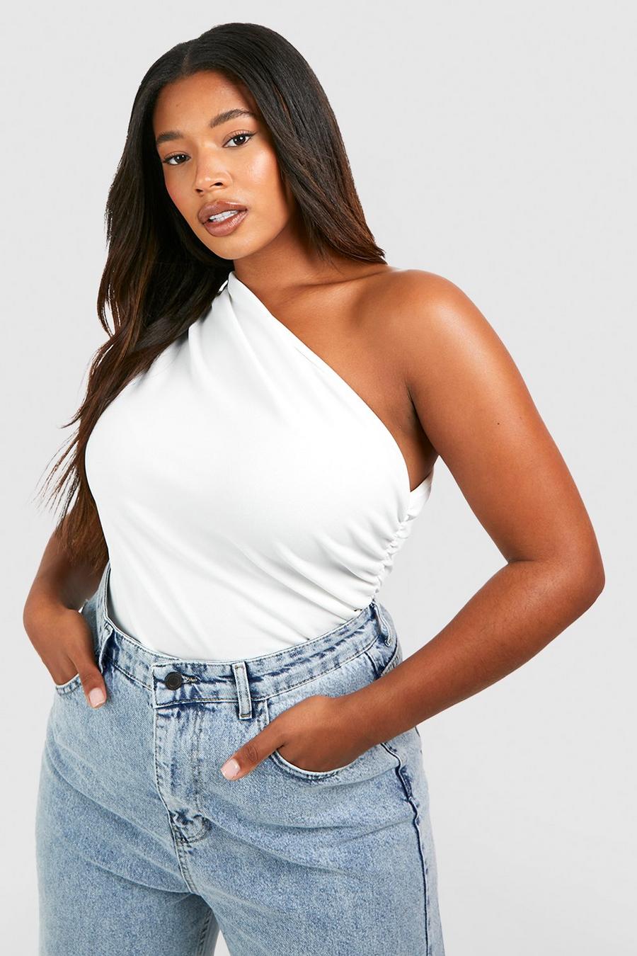 White Plus One Shoulder Ruched Asymmetric Top image number 1