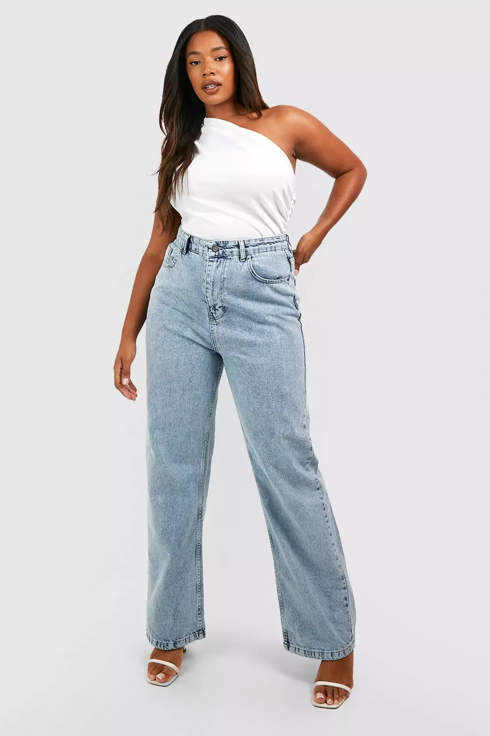 White Plus One Shoulder Ruched Asymmetric Top alternative image