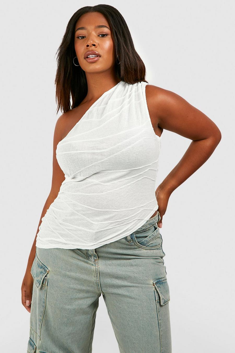 White Plus Textured One Shoulder Asymmetric Top  image number 1