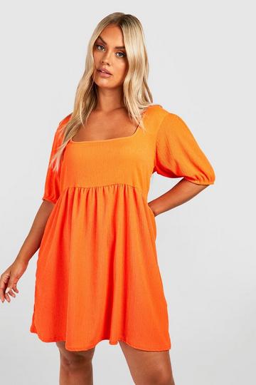 Plus Gekreukelde Skater Jurk Met Pofmouwen orange