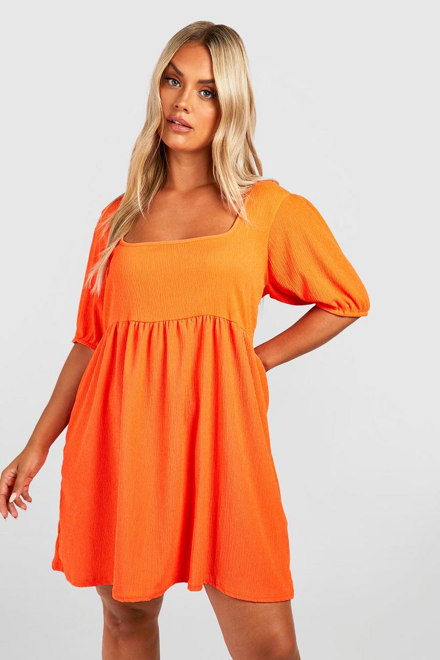 Orange Plus Crinkle Puff Sleeve Skater Dress image number 1