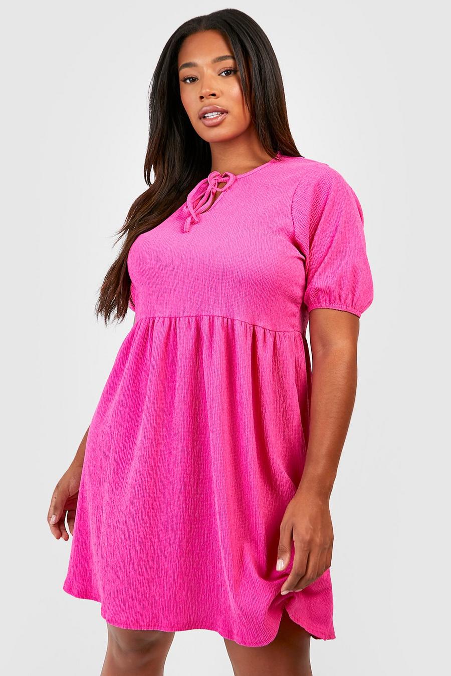 Vestito Skater Plus Size effetto goffrato con intaglio sullo scollo, Hot pink image number 1