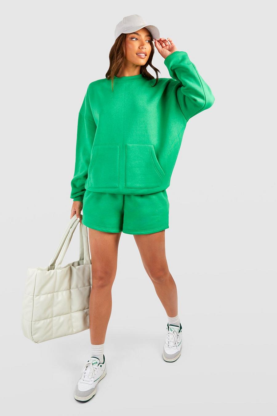 Green vert Tall Pocket Detail Sweater Short Tracksuit