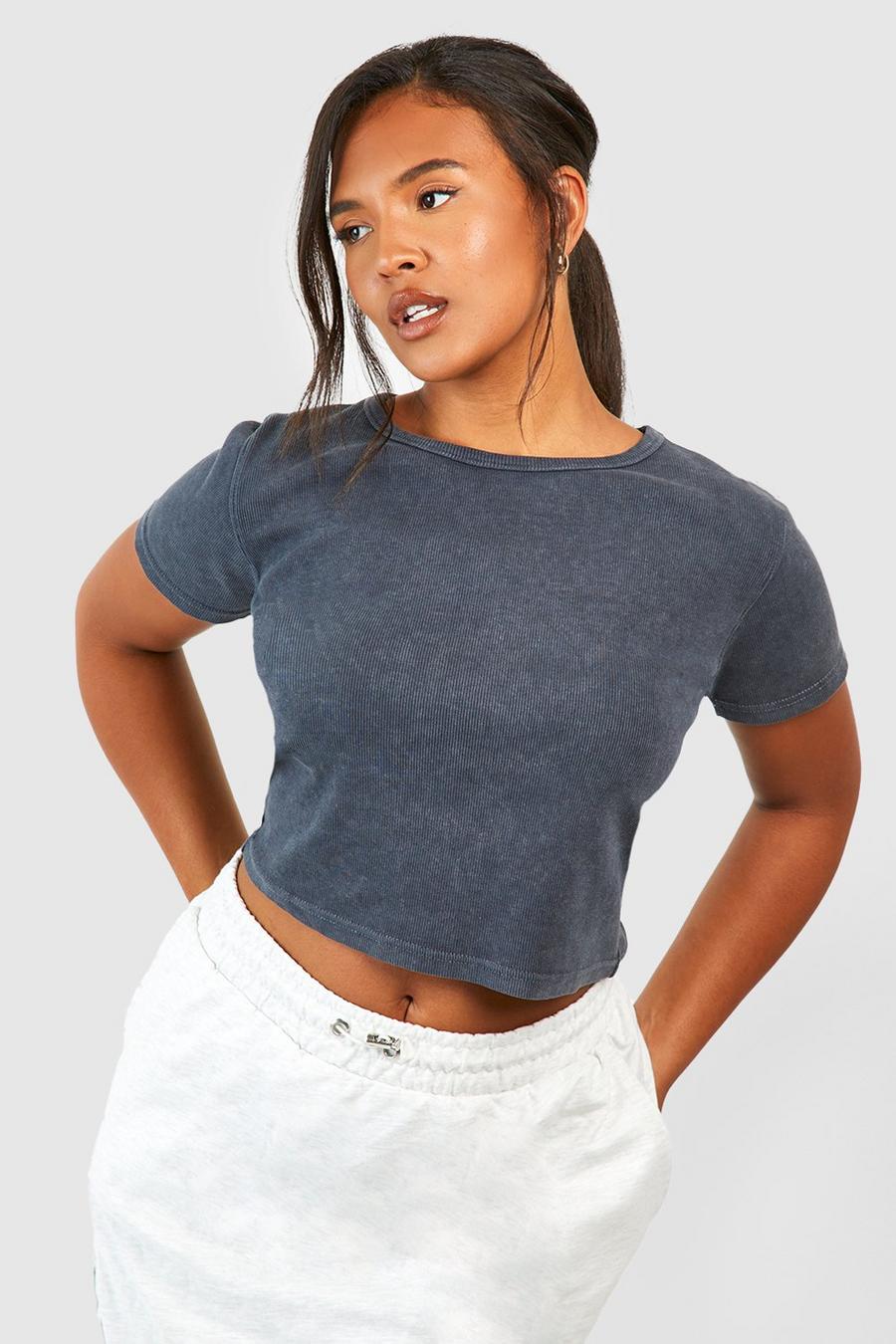 Charcoal Plus Washed Crew Neck Rib Top image number 1
