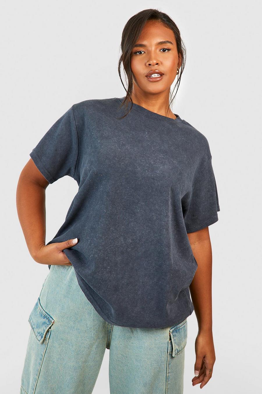 T-shirt Plus Size slavata a girocollo a coste, Charcoal