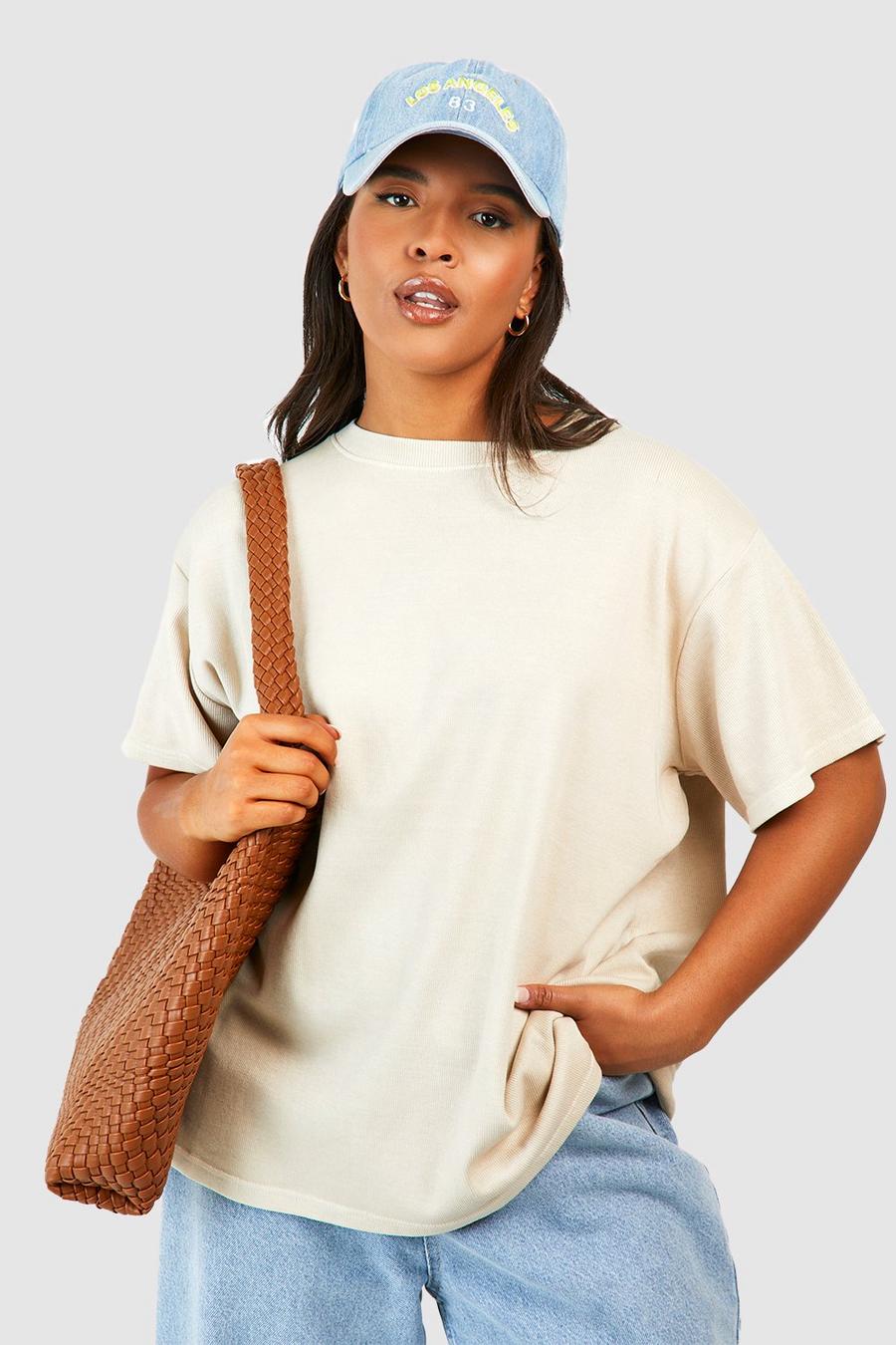 Camiseta Plus de canalé con cuello de caja desteñida, Stone beige
