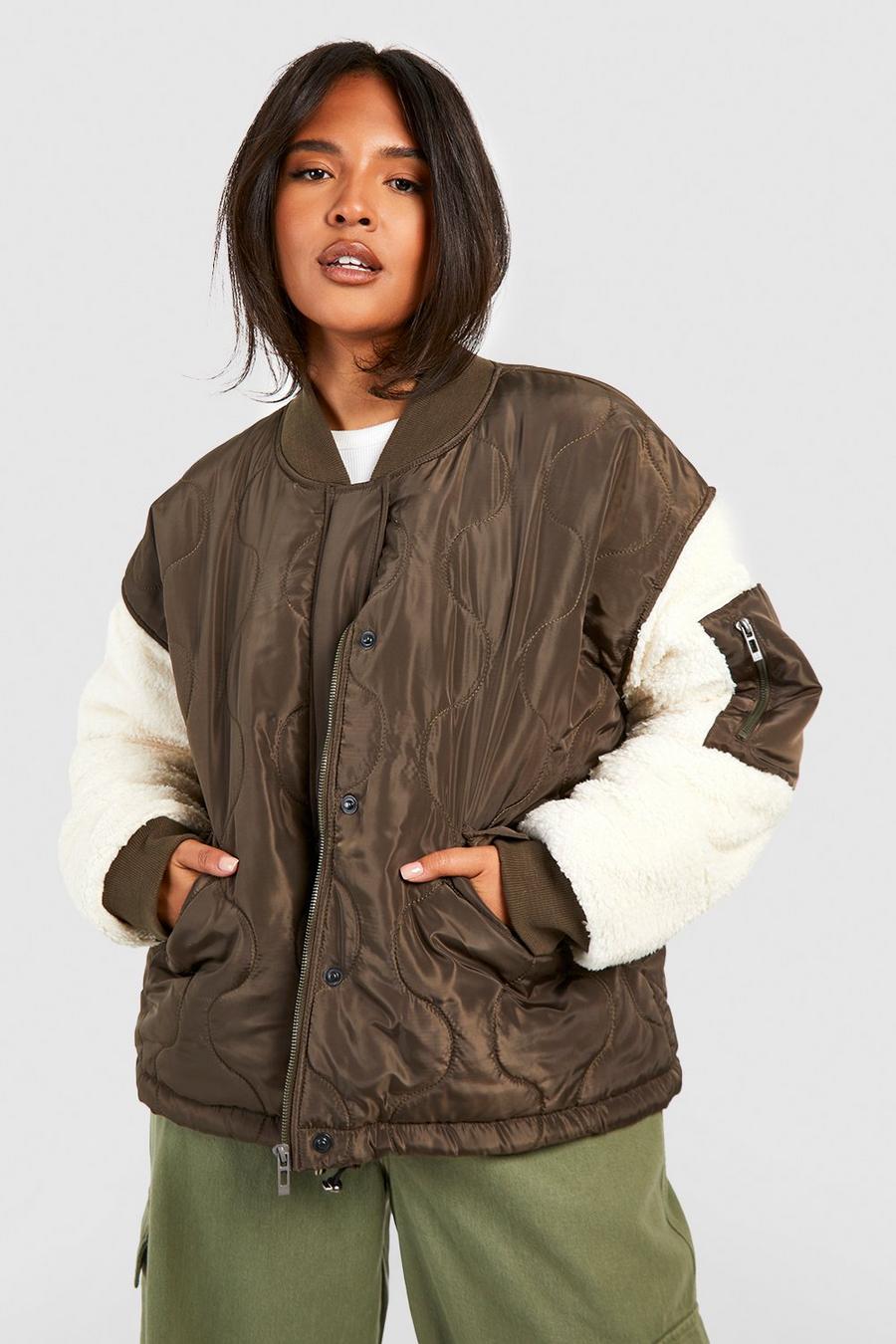 Khaki Plus Quilt Detail Faux Fur Sleeve Jacket image number 1