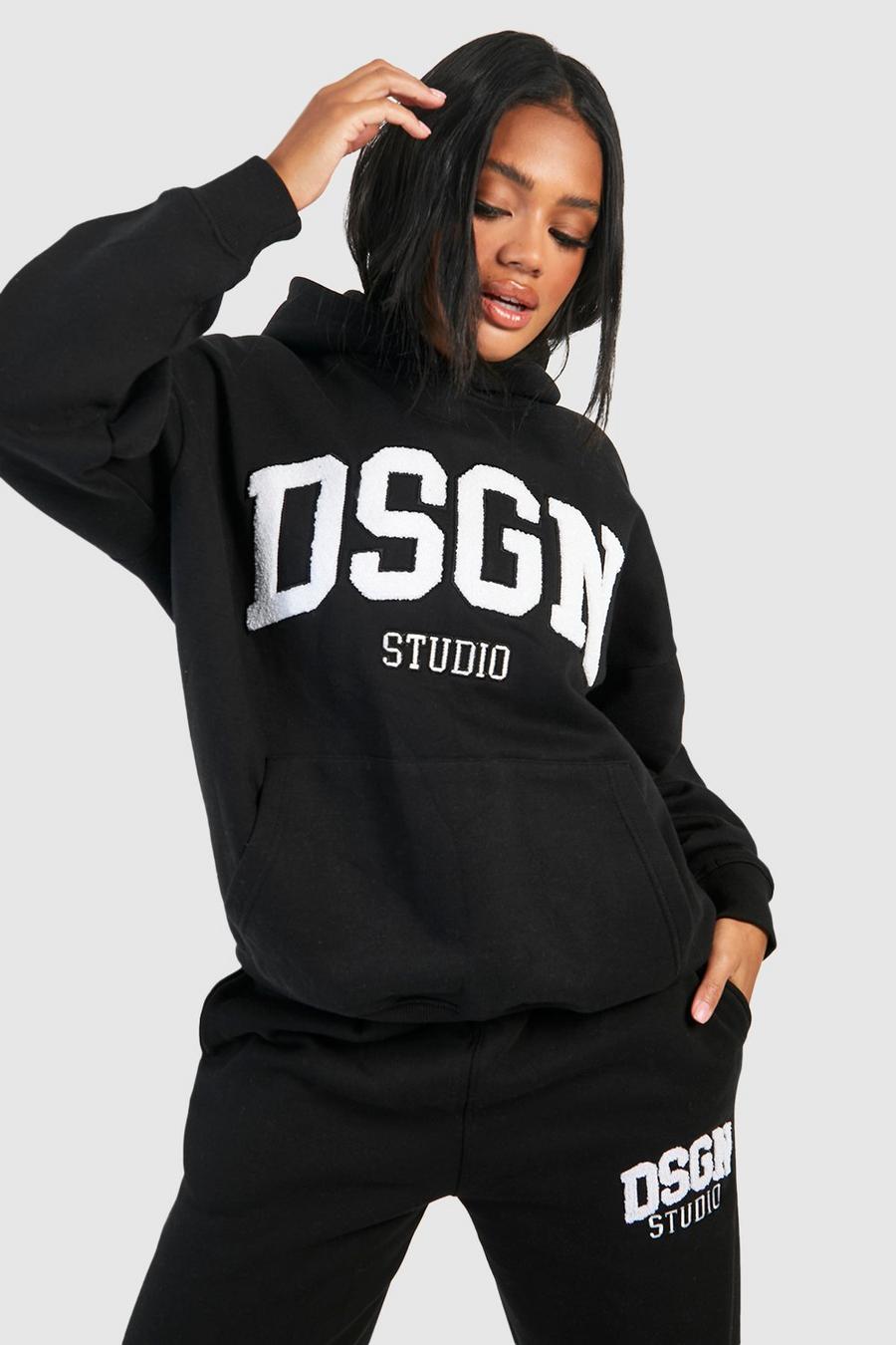 Women's Black Dsgn Studio Towelling Applique Oversized Hoodie | Boohoo UK