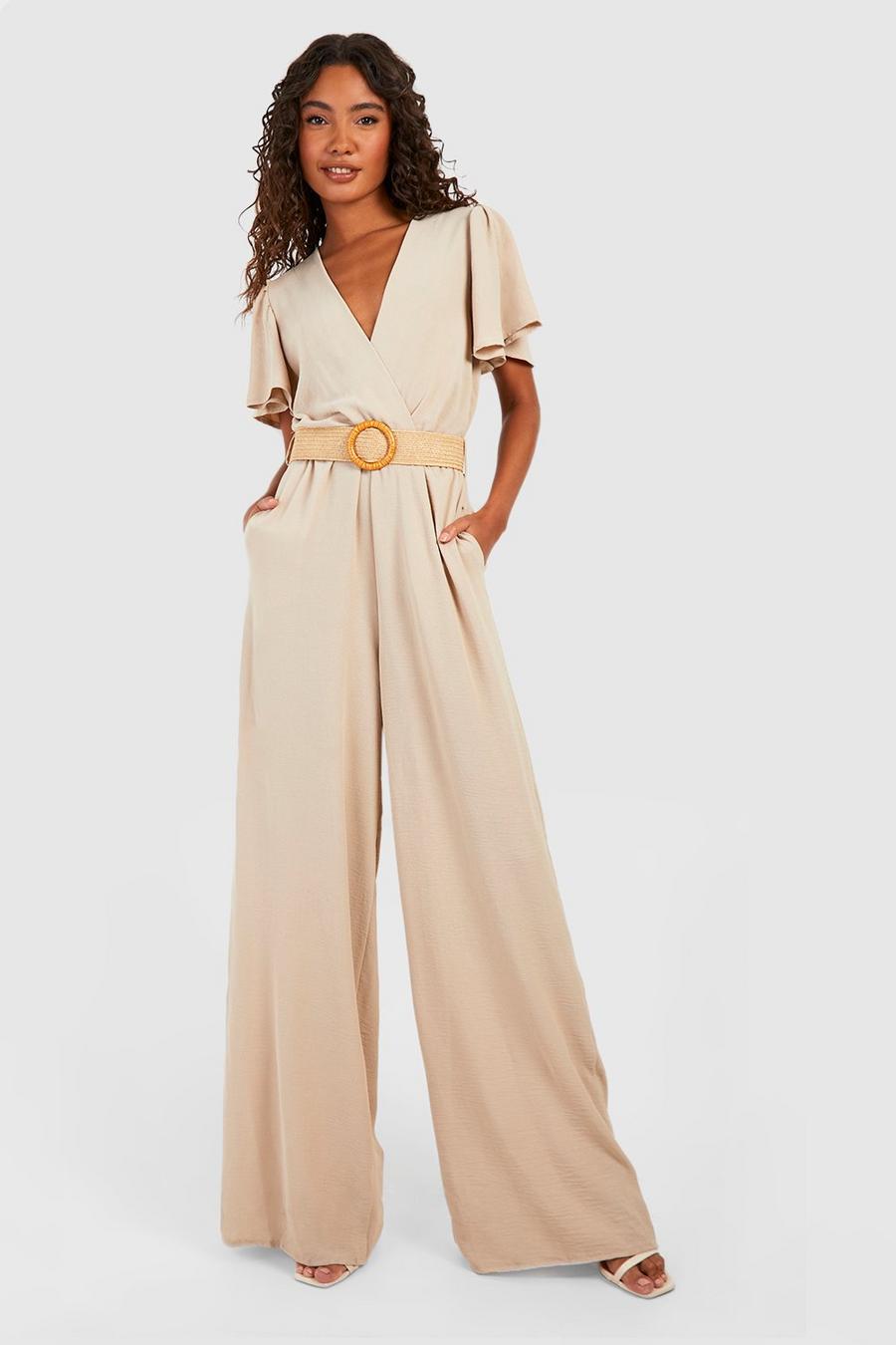 Stone Tall Belted Angel Sleeve Jumpsuit
