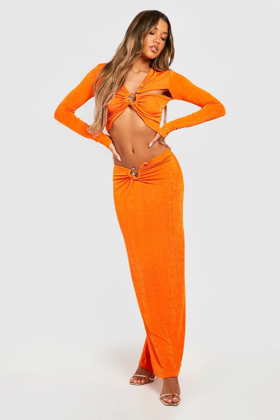 Burnt orange Acetate Slinky Gold Trim Maxi Skirt  image number 1