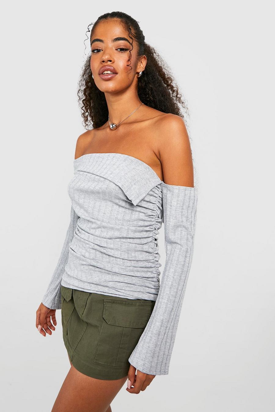 Grey Jumbo Rib Flare Sleeve Off The Shoulder Top image number 1
