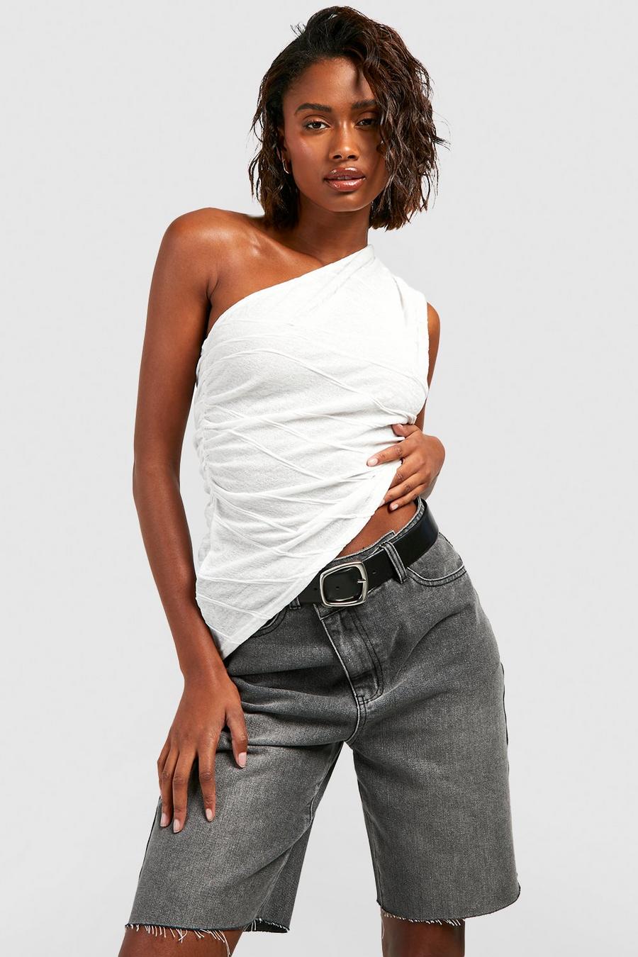 White Textured Wave One Shoulder Asymmetric Top
