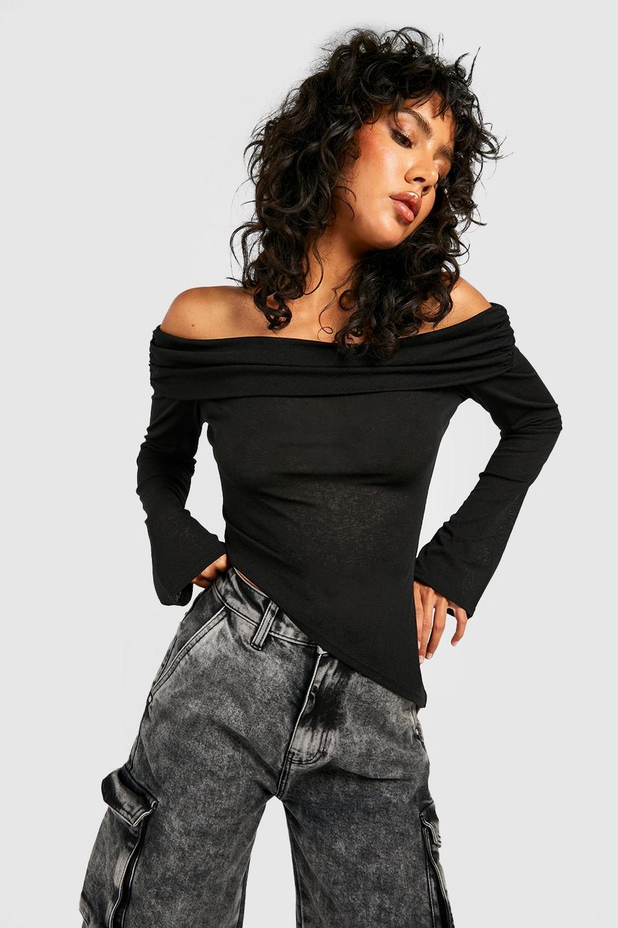 Black Semi Sheer Off The Shoulder Ruched Asymmetric Top