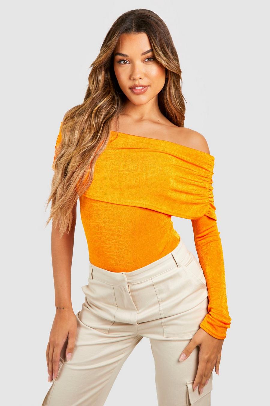 Orange Acetate Slinky Off Shoulder Bodysuit  image number 1