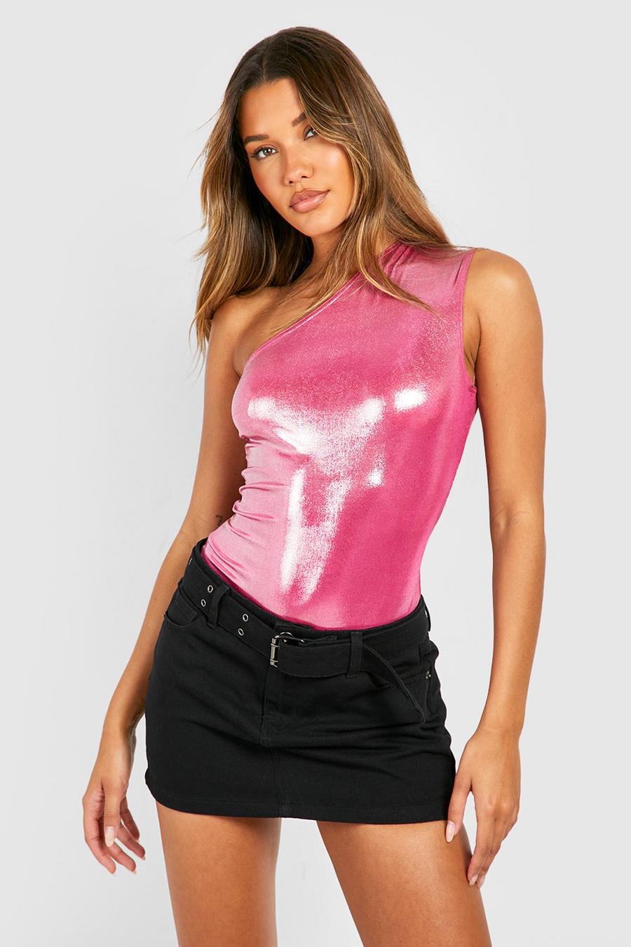 Hot pink Slinky Foil One Shoulder Bodysuit  image number 1
