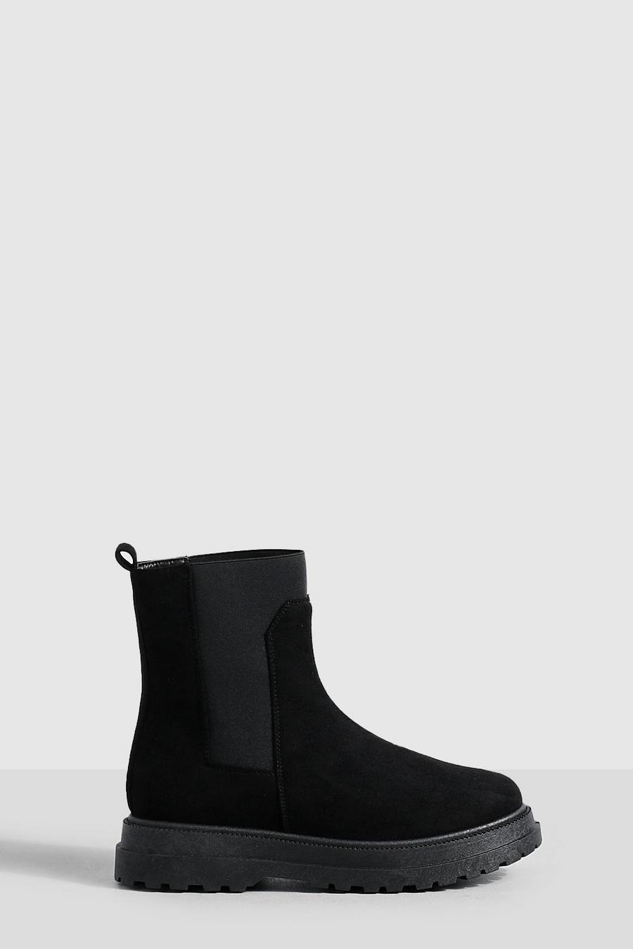 Black Wide Fit Tab Detail Double Sole Chunky Chelsea Boots